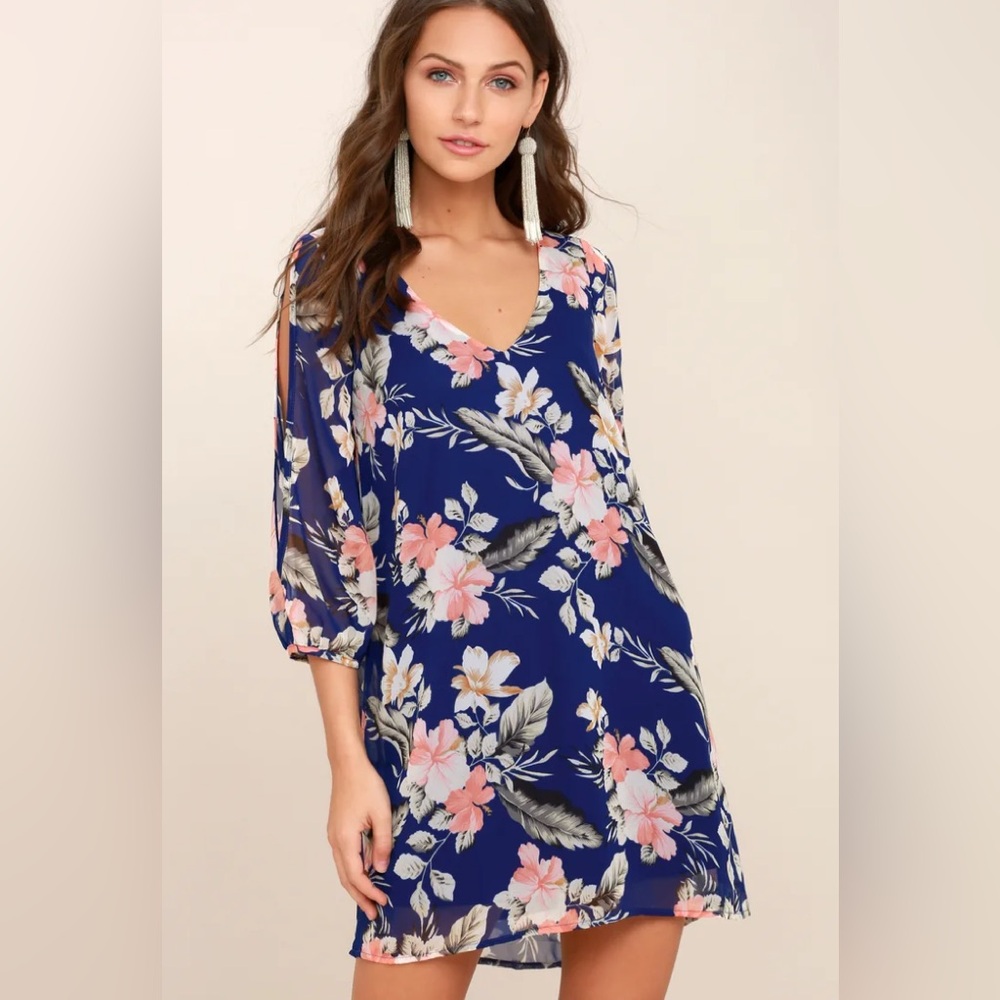 Lulus Shifting Dears Royal Blue Floral Print Long Sleeve Dress - Size XS